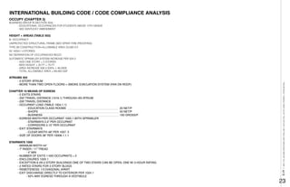 INTERNATIONAL BUILDING CODE / CODE COMPLIANCE ANALYSIS
OCCUPY (CHAPTER 3)
BUSINESS GROUP B (SECTION 304)
- EDUCATIONAL OCCUPANCIES FOR STUDENTS ABOVE 12TH GRADE
- SEE KENTUCKY AMENDMENT
HEIGHT + AREAS (TABLE 503)
B- OCCUPANCY
UNPROTECTED STRUCTURAL FRAME (W/O SPRAY FIRE-PROOFING)
TYPE 2B CONSTRUCTION=ALLOWABLE AREA 23,000 S.F.
55’ HIGH / 4 STORIES
NO SEPARATION OF OCCUPANCIES REQ’D.
AUTOMATIC SPRINKLER SYSTEM INCREASE PER 504.2
- ADD ONE STORY = 5 STORIES
- MAX HEIGHT + 20 FT = 75 FT
- AREA INCREASE 506.3 200% + 46,0000
- TOTAL ALLOWABLE AREA = 69,000 GSF
ATRIUMS 404
- 2-STORY ATRIUM
- MORE THAN TWO OPEN FLOORS = SMOKE EVACUATION SYSTEM (FAN ON ROOF)
CHAPTER 10 MEANS OF EGRESS
- 2 EXITS STAIRS
- 250’ TRAVEL DISTANCE (1016.1) THROUGH AN ATRIUM
- 200’ TRAVEL DISTANCE
- OCCUPANT LOAD (TABLE 1004.1.1)
- EDUCATION CLASS ROOMS ________________________________________________________________ 20 NET/P
- SHOPS ____________________________________________________________________________________________________ 50 NET/P
- BUSINESS ________________________________________________________________________________________________ 100 GROSS/P
- EGRESS WIDTH PER OCCUPANT 1005.1 WITH SPRINKLER
- STAIRWAYS 0.2” PER OCCUPANT
- CORRIDORS 0.15” PER OCCUPANT
- EXIT STAIRWAYS
- CLEAR WIDTH 48” PER 1007. 3
- SIZE OF DOORS 36” PER 10008.1.1.1
STAIRWAYS 1009
- MINIMUM WIDTH 44”
- 7” RISER / 11” TREAD
- 4” MIN
- NUMBER OF EXITS 1-500 OCCUPANTS = 2
- ENCLOSURES 1020.1
- EXCEPTION 8 (IN 2-STORY BUILDINGS ONE OF TWO STAIRS CAN BE OPEN, ONE W/ 2-HOUR RATING
- 2 RATED STAIRS FOR 3 STORY BLDGS
- REMOTENESS: 1/3 DIAGONAL APART
- EXIT DISCHARGE DIRECTLY TO EXTERIOR PER 1024.1
- 50% MAY EGRESS THROUGH A VESTIBULE
E+R|ARC750JACOBSSWETNAM:MATFABLAB|UK/CoDFALL2016|EMILYFANNIN+RYANNICKEL
23
 