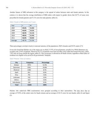 566 A. Karim Jabali et al. / Procedia Computer Science 65 (2015) 562 – 571
Another feature of MRI utilisation in this category is the spread of orders between male and female patients. In this
context, it is shown that the average distribution of MRI orders with respect to gender shows that 48.7% of scans were
prescribed for female patients and 51.3% were for male patients, table (2).
Table 2 Gender of MRI patients over 5 years
Year F M
2007 49.0% 51.0%
2008 46.8% 53.2%
2009 48.9% 51.1%
2010 48.6% 51.4%
2011 50.0% 50.0%
Average 48.7% 51.3%
These percentages correlate closely to national statistics of the population, 49.8% females and 50.2% males [17].
It was also found that Khobar city is the major city in which, 51.9% of served patients, actually live. While Dammam city
occupies only 19.8% of patients. Moreover 92.2 % of patients were from all other cities within the Eastern Province, while
7.8% only are from outside the region, table (3). This occurrence is allowed as all Saudi citizens, regardless oftheir place of
residence are eligible to be served in all governments’ hospitals.
Table 3 Patients’ Cities of residence
City Frequency Percentage
Khobar 7070 51.9%
Dammam 2701 19.8%
Dhahran 1180 8.7%
Qatif 811 6.0%
Ehsa 791 5.8%
Unknown 532 3.9%
Others 413 3.0%
Hafrulbaten 128 0.9%
Total 13626 100%
Patients who underwent MRI examinations were grouped according to their nationalities. The data show that an
average of 79.9% of the orders were for Saudi citizens and an average of 20.1% were for non-Saudis, table (4) and figure
(2).
 