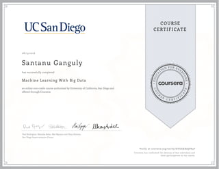 EDUCA
T
ION FOR EVE
R
YONE
CO
U
R
S
E
C E R T I F
I
C
A
TE
COURSE
CERTIFICATE
08/13/2016
Santanu Ganguly
Machine Learning With Big Data
an online non-credit course authorized by University of California, San Diego and
offered through Coursera
has successfully completed
Paul Rodriguez, Natasha Balac, Mai Nguyen and Ilkay Altintas
San Diego Supercomputer Center
Verify at coursera.org/verify/DYUGKR2QV84P
Coursera has confirmed the identity of this individual and
their participation in the course.
 