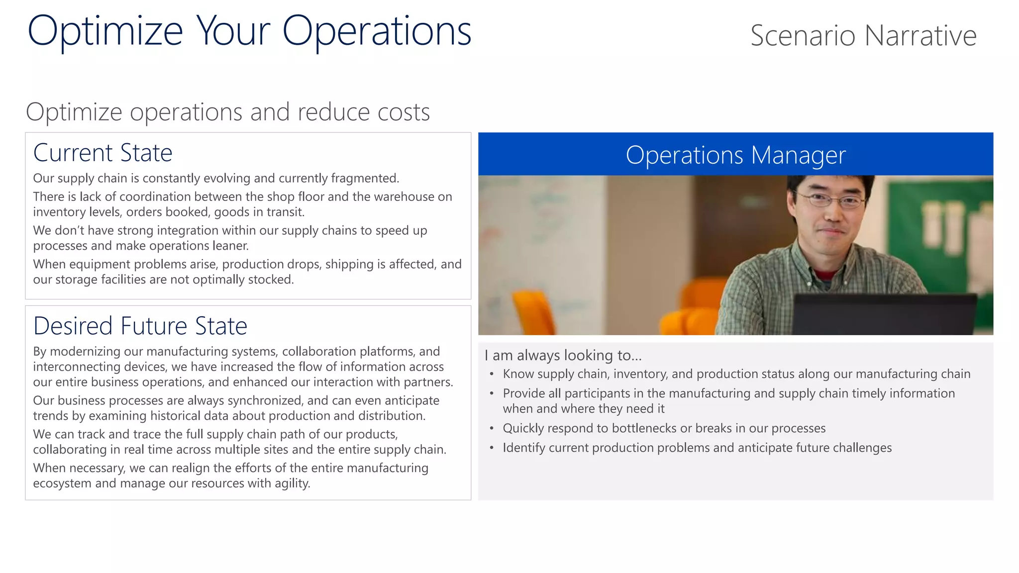 Optimize Your Operations
Operations ManagerCurrent State
Our supply chain is constantly evolving and currently fragmented.
There is lack of coordination between the shop floor and the warehouse on
inventory levels, orders booked, goods in transit.
We don’t have strong integration within our supply chains to speed up
processes and make operations leaner.
When equipment problems arise, production drops, shipping is affected, and
our storage facilities are not optimally stocked.
Desired Future State
By modernizing our manufacturing systems, collaboration platforms, and
interconnecting devices, we have increased the flow of information across
our entire business operations, and enhanced our interaction with partners.
Our business processes are always synchronized, and can even anticipate
trends by examining historical data about production and distribution.
We can track and trace the full supply chain path of our products,
collaborating in real time across multiple sites and the entire supply chain.
When necessary, we can realign the efforts of the entire manufacturing
ecosystem and manage our resources with agility.
I am always looking to…
• Know supply chain, inventory, and production status along our manufacturing chain
• Provide all participants in the manufacturing and supply chain timely information
when and where they need it
• Quickly respond to bottlenecks or breaks in our processes
• Identify current production problems and anticipate future challenges
Optimize operations and reduce costs
Scenario Narrative
 