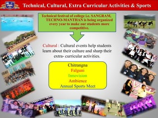 Chitrangna
Falguni
Innovision
Ambience
Annual Sports Meet
Technical festival of college i.e. SANGRAM,
TECHNO-MANTHAN is being organized
every year to make our students more
competitive.
Technical, Cultural, Extra Curricular Activities & Sports
Cultural : Cultural events help students
learn about their culture and sharp their
extra- curricular activities.
 