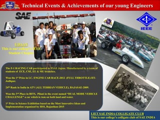 LIET SAE INDIA COLLIGATE CLUB.
This is our college's colligate club of SAE INDIA.
Technical Events & Achievements of our young Engineers
The F-1 RACING CAR participated in FSAE Japan; Manufactured by a team of
students of ECE, CSE, EE & ME branches.
Won the 1st Prize in I.C. ENGINE CAR RACE-2012 (FULL THROTTLE) IIT-
Jodhpur.
24th Rank in India in ATV (ALL TERRIAN VEHICLE), BAJASAE-2009.
Won the 3rd Place in BITS, Pilani in the event named “DUAL MODE VEHICLE
CHALLENGE” a car which is rum on both land and water.
1st Prize in Science Exhibition based on the Most Innovative Ideas and
Implementation organized by HSS, Rajasthan-2015
UDAAN
This is our college’s IEEE
Student Chapter
 