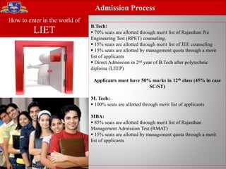 Admission Process
B.Tech:
 70% seats are allotted through merit list of Rajasthan Pre
Engineering Test (RPET) counseling.
 15% seats are allotted through merit list of JEE counseling
 15% seats are allotted by management quota through a merit
list of applicants
 Direct Admission in 2nd year of B.Tech after polytechnic
diploma (LEEP)
Applicants must have 50% marks in 12th class (45% in case
SC/ST)
M. Tech:
 100% seats are allotted through merit list of applicants
MBA:
 85% seats are allotted through merit list of Rajasthan
Management Admission Test (RMAT)
 15% seats are allotted by management quota through a merit
list of applicants
How to enter in the world of
LIET
 