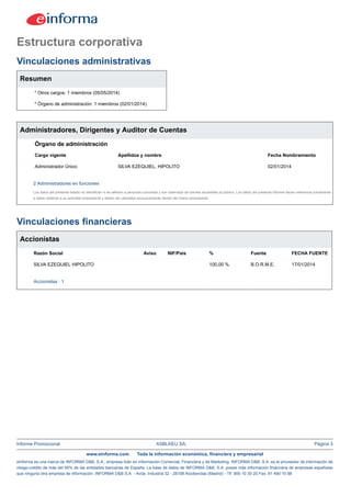 Informe Promocional ASBLKEU SA. Página 3
www.einforma.com Toda la información económica, financiera y empresarial
eInforma es una marca de INFORMA D&B, S.A., empresa líder en Información Comercial, Financiera y de Marketing. INFORMA D&B, S.A. es el proveedor de información de
riesgo-crédito de más del 95% de las entidades bancarias de España. La base de datos de INFORMA D&B, S.A. posee más información financiera de empresas españolas
que ninguna otra empresa de información. INFORMA D&B S.A. - Avda. Industria 32 - 28108 Alcobendas (Madrid) - Tlf: 900 10 30 20 Fax: 91 490 10 98
Estructura corporativa
Vinculaciones administrativas
Resumen
* Otros cargos: 1 miembros (05/05/2014)
* Órgano de administración: 1 miembros (02/01/2014)
Administradores, Dirigentes y Auditor de Cuentas
Órgano de administración
Cargo vigente Apellidos y nombre Fecha Nombramiento
Administrador Único SILVA EZEQUIEL, HIPOLITO 02/01/2014
2 Administradores en funciones
Los datos del presente listado no identifican ni se refieren a personas concretas y son obtenidos de fuentes accesibles al público. Los datos del presente Informe hacen referencia únicamente
a datos relativos a su actividad empresarial y deben ser utilizados exclusivamente dentro del marco empresarial.
Vinculaciones financieras
Accionistas
Razón Social Aviso NIF/País % Fuente FECHA FUENTE
SILVA EZEQUIEL HIPOLITO 100,00 % B.O.R.M.E. 17/01/2014
Accionistas : 1
 