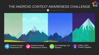 Android Context
Awareness 101
Android Context
Awareness in Action
Our Challenge, Our
Solution
Listen, Learn,
Predict, Suggest
THE ANDROID CONTEXT AWARENESS CHALLENGE
 
