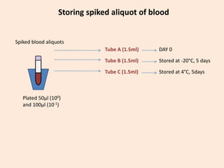 Spiked blood aliquots
Tube C (1.5ml)
Tube B (1.5ml)
Tube A (1.5ml)
Plated 50µl (100)
and 100µl (10-1)
DAY 0
Stored at 4°C, 5days
Stored at -20°C, 5 days
Storing spiked aliquot of blood
 