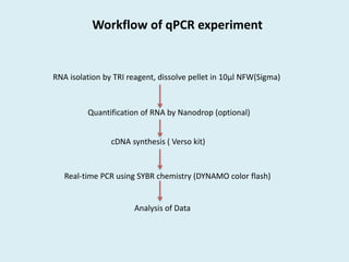 Workflow of qPCR experiment
RNA isolation by TRI reagent, dissolve pellet in 10µl NFW(Sigma)
Quantification of RNA by Nanodrop (optional)
cDNA synthesis ( Verso kit)
Real-time PCR using SYBR chemistry (DYNAMO color flash)
Analysis of Data
 