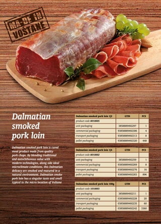 Dalmatian
smoked
pork loin
Dalmatian smoked pork loin is cured
meat product made from quality
pork chops. By blending traditional
and autochthonous value with
modern technologies, along side ideal
microclimate conditions, this Dalmatian
delicacy are smoked and matured in a
natural environment. Dalmatian smoke
pork loin has a singular taste and smell
typical to the micro location of Voštane
Dalmatian smoked pork loin 1/2 GTIN PCS
product code 0010005
unit packaging 3858889492297 1
commercial packaging 93858889492306 4
transport packaging 93858889492313 8
pallet packaging 93858889492320 448
Dalmatian smoked pork loin 1/4 GTIN PCS
product code 0010002
unit packaging 3858889492259 1
commercial packaging 93858889492269 8
transport packaging 93858889492276 16
pallet packaging 93858889492283 896
Dalmatian smoked pork loin 100g GTIN PCS
product code 1010003
unit packaging 3858889492211 1
commercial packaging 03858889492228 20
transport packaging 03858889492235 60
pallet packaging 03858889492242 3360
 