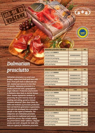 Dalmatian
prosciutto
Dalmatian prosciutto is a cured meat
product, made from fresh pork ham with
bone. Fresh pork ham is salted with sea
salt, smoked and matured no less than
18 months. Dalmatian prosciutto is a
product protected with a geographical
origin indicator. Production of prosciutto
in Dalmatia dates back to Ancient Roman
times. Roman legionaries methods of
preserving the pork meat by means of
smoking and salting spread as Roman
dominion advanced. Since those times the
skills and methods of prosciutto production
have carried from generation to generation,
and with time developed into a procedure
specific to the region of Dalmatia. The
uniqueness of a Dalmatian prosciutto
comes from its traditional and natural
production process that excludes adding
any preservatives and/or additives. Singular
aroma and smell, alongside the mild salty
taste are typical for Dalmatian prosciutto.
Dalmatian prosciutto with bone GTIN PCS
product code 0000013
unit packaging 3858889490002 1
commercial packaging / /
transport packaging 93858889490029 2
pallet packaging 93858889490036 64
Dalmatian prosciutto without bone 1/2 GTIN PCS
product code 0000063
unit packaging 3858889491931 1
commercial packaging 93858889491941 2
transport packaging 93858889491958 4
pallet packaging 93858889491965 192
Dalmatian prosciutto slice 100g GTIN PCS
product code 1000064
unit packaging 3858889491856 1
commercial packaging 03858889491863 22
transport packaging 03858889491870 66
pallet packaging 03858889491887 3696
Dalmatianprosciuttowithoutbone1/2withskin GTIN PCS
product code 0000012
unit packaging 3858889490040 1
commercial packaging 93858889490050 2
transport packaging 93858889490067 4
pallet packaging 93858889490074 224
 