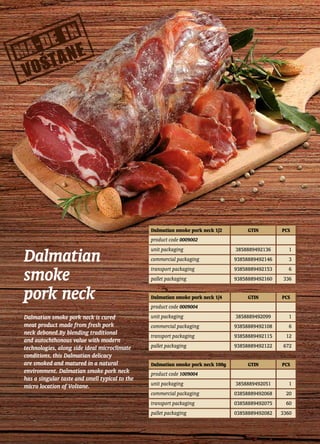 Dalmatian
smoke
pork neck
Dalmatian smoke pork neck is cured
meat product made from fresh pork
neck deboned.By blending traditional
and autochthonous value with modern
technologies, along side ideal microclimate
conditions, this Dalmatian delicacy
are smoked and matured in a natural
environment. Dalmatian smoke pork neck
has a singular taste and smell typical to the
micro location of Voštane.
Dalmatian smoke pork neck 1/2 GTIN PCS
product code 0009002
unit packaging 3858889492136 1
commercial packaging 93858889492146 3
transport packaging 93858889492153 6
pallet packaging 93858889492160 336
Dalmatian smoke pork neck 1/4 GTIN PCS
product code 0009004
unit packaging 3858889492099 1
commercial packaging 93858889492108 6
transport packaging 93858889492115 12
pallet packaging 93858889492122 672
Dalmatian smoke pork neck 100g GTIN PCS
product code 1009004
unit packaging 3858889492051 1
commercial packaging 03858889492068 20
transport packaging 03858889492075 60
pallet packaging 03858889492082 3360
 