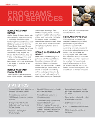 Page 4 2014 Yearbook
PROGRAMS
AND SERVICES
RONALD McDONALD
HOUSES
Our five Ronald McDonald Houses help
us implement our mission by providing
a ‘home away from home’ to keep
families together. Located near Advocate
Children’s Hospital, Loyola University
Medical Center, University of Chicago
Comer Children’s Hospital, Ann & Robert
H. Lurie Children’s Hospital of Chicago,
and Central DuPage Hospital, the
Houses allow families to eat, sleep and
find the emotional support they need
- just blocks from where their child is
being treated. In 2014, we served almost
5,000 families for more than 38,000
“family nights”.
RONALD McDONALD
FAMILY ROOMS
The Ronald McDonald Family Rooms
inside Edward Hospital, Lurie Children’s
and University of Chicago Comer
Children’s Hospital provide a haven of
respite and hospitality to families whose
children are in treatment at the hospital.
Located just outside the pediatric
intensive care unit and outpatient service
area, these spaces provide a home-like
atmosphere away from the stress of
the hospital.
RONALD McDONALD CARE
MOBILE
RMHC-CNI’s Care Mobile program, in
partnership with Advocate Children’s
Hospital, provides essential health
services to children in underserved
areas in a mobile environment. Children
receive check-ups, immunizations, and
referrals for specialty care, including
asthma, cardiology, and allergies. Our
goal is to find a “health care home” for
all the children seen on the Care Mobile.
In 2014, more than 2,500 children were
served on the Care Mobile.
SCHOLARSHIP PROGRAM
2014 marked the tenth year of our
multiyear scholarship program, which
provides $4,000/year, renewable
scholarships to academically
outstanding, community-minded and
economically challenged young people.
Many of these young people are
pursuing degrees in the medical field,
have volunteered at one of our Ronald
McDonald Houses or have experienced
the benefits of the Houses through
a personal family experience. Since
the program’s inception, many of our
winners have also spent significant time
at our Houses as interns or employees.
•	 Provided 38,000 “family nights” for the
families of hospitalized children
•	 Provided services to almost
10,000 people through our three core
programs
•	 Broke ground on fifth Ronald
McDonald House®
near Central
DuPage Hospital
•	 Achieved 4 star rating from
Charity Navigator
•	 Served 2,500 children on the Ronald
McDonald Care Mobile®
•	 Provided financial assistance to
40 college students
•	 Converted two sleep rooms located
inside Ann & Robert H. Lurie
Children’s Hospital of Chicago and
University of Chicago Medicine Comer
Children’s Hospital to Family Rooms,
expanding our services to families
•	 Expanded service area for Ronald
McDonald Care Mobile to north side
of Chicago
•	 Saved families a collective $11 million
in housing and food costs
•	 2,124 meals were served
•	 117,013 Volunteer hours contributed
•	 729 family activities provided at
the Houses
STATISTICS
 