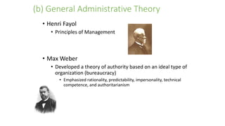 (b) General Administrative Theory
• Henri Fayol
• Principles of Management
• Max Weber
• Developed a theory of authority based on an ideal type of
organization (bureaucracy)
• Emphasized rationality, predictability, impersonality, technical
competence, and authoritarianism
 