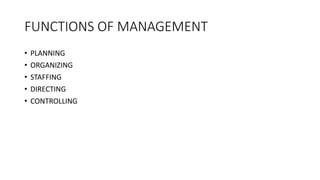 FUNCTIONS OF MANAGEMENT
• PLANNING
• ORGANIZING
• STAFFING
• DIRECTING
• CONTROLLING
 