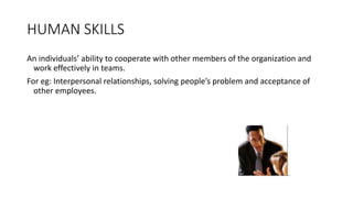 HUMAN SKILLS
An individuals’ ability to cooperate with other members of the organization and
work effectively in teams.
For eg: Interpersonal relationships, solving people’s problem and acceptance of
other employees.
 
