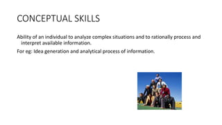 CONCEPTUAL SKILLS
Ability of an individual to analyze complex situations and to rationally process and
interpret available information.
For eg: Idea generation and analytical process of information.
 