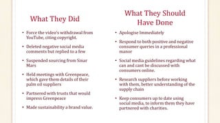 What They Did
• Force the video’s withdrawal from
YouTube, citing copyright.
• Deleted negative social media
comments but replied to a few
• Suspended sourcing from Sinar
Mars
• Held meetings with Greenpeace,
which gave them details of their
palm oil suppliers
• Partnered with trusts that would
impress Greenpeace
• Made sustainability a brand value.
• Apologise Immediately
• Respond to both positive and negative
consumer queries in a professional
manor
• Social media guidelines regarding what
can and cant be discussed with
consumers online.
• Research suppliers before working
with them, better understanding of the
supply chain
• Keep consumers up to date using
social media, to inform them they have
partnered with charities.
What They Should
Have Done
 