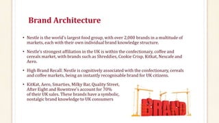Brand Architecture
• Nestle is the world’s largest food group, with over 2,000 brands in a multitude of
markets, each with their own individual brand knowledge structure.
• Nestle’s strongest affiliation in the UK is within the confectionary, coffee and
cereals market, with brands such as Shreddies, Cookie Crisp, Kitkat, Nescafe and
Aero.
• High Brand Recall: Nestle is cognitively associated with the confectionary, cereals
and coffee markets, being an instantly recognisable brand for UK citizens.
• KitKat, Aero, Smarties, Milky Bar, Quality Street,
After Eight and Rowntree's account for 70%
of their UK sales. These brands have a symbolic,
nostalgic brand knowledge to UK consumers
 