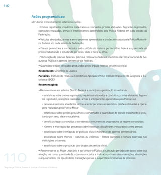 110

                             Ações programáticas:
                             a) Publicar trimestralmente estatísticas sobre:
                                    • Crimes registrados, inquéritos instaurados e concluídos, prisões efetuadas, flagrantes registrados,
                                    operações realizadas, armas e entorpecentes apreendidos pela Polícia Federal em cada estado da
                                    Federação;
                                    • Veículos abordados, armas e entorpecentes apreendidos e prisões efetuadas pela Polícia Rodoviá-
                                    ria Federal em cada estado da Federação;
                                    • Presos provisórios e condenados sob custódia do sistema penitenciário federal e quantidade de
                                    presos trabalhando e estudando por sexo, idade e raça ou etnia;
                                    • Vitimização de policiais federais, policiais rodoviários federais, membros da Força Nacional de Se-
                                    gurança Pública e agentes penitenciários federais;
                                    • Quantidade e tipos de laudos produzidos pelos órgãos federais de perícia oficial.
                                    Responsável: Ministério da Justiça
                                    Parceiros: Instituto de Pesquisa Econômica Aplicada (IPEA); Instituto Brasileiro de Geografia e Es-
                                    tatística (IBGE)
                                    Recomendações:
                                    • Recomenda-se aos estados, Distrito Federal e municípios a publicação trimestral de:
                                        - estatísticas sobre crimes registrados, inquéritos instaurados e concluídos, prisões efetuadas, flagran-
                                        tes registrados, operações realizadas, armas e entorpecentes apreendidos pela Polícia Civil;
                                        - pessoas e veículos abordados, armas e entorpecentes apreendidos, prisões efetuadas e opera-
                                        ções realizadas pela Polícia Militar;
                                        - estatísticas sobre presos provisórios e condenados e quantidade de presos trabalhando e estu-
                                        dando por sexo, idade e raça/etnia;
                                        - benefícios legais concedidos a condenados e número de progressões de regime concedidas;
                                        - número e motivação dos processos administrativos disciplinares instaurados contra presos;
                                        - estatísticas sobre vitimização de policiais civis e militares e de agentes penitenciários;
                                        - estatísticas sobre mortes – naturais ou violentas – lesões corporais e tortura ocorridas nas
                                        instituições prisionais;
                                        - estatísticas sobre a produção dos órgãos de perícia oficial.




110
                                    • Recomenda-se ao Poder Judiciário e ao Ministério Público a publicação periódica de dados sobre sua
                                    atuação, tais como: quantidade de processos iniciados e finalizados; número de condenações, absolvições
                                    e arquivamentos, por tipo de delito; transações penais e suspensões condicionais de processo.


Segurança Pública, Acesso à Justiça e Combate à Violência
 