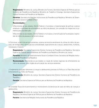 Programa Nacional de Direitos Humanos–3




                                                                                                                   121
      Responsáveis: Ministério da Justiça; Ministério do Turismo; Secretaria Especial de Políticas para as
      Mulheres da Presidência da República; Ministério do Trabalho e Emprego; Secretaria Especial dos
      Direitos Humanos da Presidência da República
      Parceiros: Secretaria de Relações Institucionais da Presidência da República; Ministério do Desen-
      volvimento Social e Combate à Fome
      Recomendações:
      • Recomenda-se aos estados, Distrito Federal e municípios a implementação de políticas e planos
      estaduais e municipais de enfrentamento ao tráfico de pessoas, com previsão nos respectivos orça-
      mentos para sua execução.
      • Recomenda-se aos estados, Distrito Federal e municípios a intensificação da fiscalização e repres-
      são do tráfico de pessoas e do turismo sexual.


b) Estruturar, a partir de serviços existentes, sistema nacional de atendimento às vítimas do tráfico de pes-
soas, de reintegração e diminuição da vulnerabilidade, especialmente de crianças, adolescentes, mulheres,
transexuais e travestis.
      Responsáveis: Secretaria Especial dos Direitos Humanos da Presidência da República; Secretaria
      Especial de Políticas para as Mulheres da Presidência da República; Ministério da Justiça
      Parceiros: Ministério do Desenvolvimento Social e Combate à Fome; Secretaria de Relações Institu-
      cionais da Presidência da República
      Recomendação: Recomenda-se aos estados a criação de núcleos regionais de enfrentamento ao
      tráfico de pessoas, como órgãos de articulação dos serviços existentes.


c) Implementar as ações referentes a crianças e adolescentes previstas na Política e no Plano Nacional de
Enfrentamento ao Tráfico de Pessoas.
      Responsáveis: Ministério da Justiça; Secretaria Especial dos Direitos Humanos da Presidência da
      República
      Parceiro: Secretaria Especial de Políticas para as Mulheres da Presidência da República


d) Consolidar fluxos de encaminhamento e monitoramento de denúncias de casos de tráfico de crianças e
adolescentes.
      Responsáveis: Ministério da Justiça; Secretaria Especial dos Direitos Humanos da Presidência da
      República; Secretaria Especial de Políticas para as Mulheres da Presidência da República
      Parceiro: Secretaria de Relações Institucionais da Presidência da República



                                                                                                                                    121
 