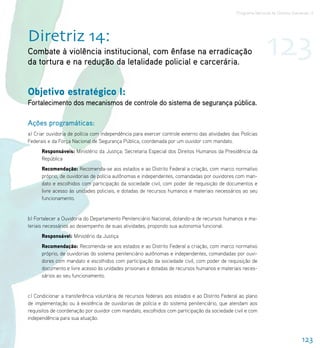 Programa Nacional de Direitos Humanos–3




Diretriz 14:
Combate à violência institucional, com ênfase na erradicação
da tortura e na redução da letalidade policial e carcerária.
                                                                                                              123
Objetivo estratégico I:
Fortalecimento dos mecanismos de controle do sistema de segurança pública.

Ações programáticas:
a) Criar ouvidoria de polícia com independência para exercer controle externo das atividades das Polícias
Federais e da Força Nacional de Segurança Pública, coordenada por um ouvidor com mandato.
      Responsáveis: Ministério da Justiça; Secretaria Especial dos Direitos Humanos da Presidência da
      República
      Recomendação: Recomenda-se aos estados e ao Distrito Federal a criação, com marco normativo
      próprio, de ouvidorias de polícia autônomas e independentes, comandadas por ouvidores com man-
      dato e escolhidos com participação da sociedade civil, com poder de requisição de documentos e
      livre acesso às unidades policiais, e dotadas de recursos humanos e materiais necessários ao seu
      funcionamento.


b) Fortalecer a Ouvidoria do Departamento Penitenciário Nacional, dotando-a de recursos humanos e ma-
teriais necessários ao desempenho de suas atividades, propondo sua autonomia funcional.
      Responsável: Ministério da Justiça
      Recomendação: Recomenda-se aos estados e ao Distrito Federal a criação, com marco normativo
      próprio, de ouvidorias do sistema penitenciário autônomas e independentes, comandadas por ouvi-
      dores com mandato e escolhidos com participação da sociedade civil, com poder de requisição de
      documento e livre acesso às unidades prisionais e dotadas de recursos humanos e materiais neces-
      sários ao seu funcionamento.


c) Condicionar a transferência voluntária de recursos federais aos estados e ao Distrito Federal ao plano
de implementação ou à existência de ouvidorias de polícia e do sistema penitenciário, que atendam aos
requisitos de coordenação por ouvidor com mandato, escolhidos com participação da sociedade civil e com
independência para sua atuação.



                                                                                                                                123
 