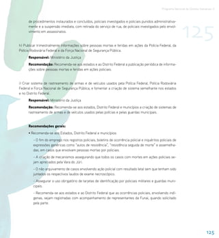 Programa Nacional de Direitos Humanos–3




                                                                                                                 125
      de procedimentos instaurados e concluídos, policiais investigados e policiais punidos administrativa-
      mente e a suspensão imediata, com retirada do serviço de rua, de policiais investigados pelo envol-
      vimento em assassinatos.


h) Publicar trimestralmente informações sobre pessoas mortas e feridas em ações da Polícia Federal, da
Polícia Rodoviária Federal e da Força Nacional de Segurança Pública.
      Responsável: Ministério da Justiça
      Recomendação: Recomenda-se aos estados e ao Distrito Federal a publicação periódica de informa-
      ções sobre pessoas mortas e feridas em ações policiais.


i) Criar sistema de rastreamento de armas e de veículos usados pela Polícia Federal, Polícia Rodoviária
Federal e Força Nacional de Segurança Pública, e fomentar a criação de sistema semelhante nos estados
e no Distrito Federal.
      Responsável: Ministério da Justiça
      Recomendação: Recomenda-se aos estados, Distrito Federal e municípios a criação de sistemas de
      rastreamento de armas e de veículos usados pelas polícias e pelas guardas municipais.


      Recomendações gerais:
      • Recomenda-se aos Estados, Distrito Federal e municípios:
         - O fim do emprego nos registros policiais, boletins de ocorrência policial e inquéritos policiais de
         expressões genéricas como “autos de resistência”, “resistência seguida de morte” e assemelha-
         das, em casos que envolvam pessoas mortas por policiais.
         - A criação de mecanismos assegurando que todos os casos com mortes em ações policiais se-
         jam apreciados pela Vara do Júri.
         - O não arquivamento de casos envolvendo ação policial com resultado letal sem que tenham sido
         juntados os respectivos laudos de exame necroscópico.
         - Assegurar o uso obrigatório de tarjetas de identificação por policiais militares e guardas muni-
         cipais.
         - Recomenda-se aos estados e ao Distrito Federal que as ocorrências policiais, envolvendo indí-
         genas, sejam registradas com acompanhamento de representantes da Funai, quando solicitado
         pela parte.




                                                                                                                                    125
 