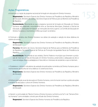 Programa Nacional de Direitos Humanos–3




                                                                                                               153
Ações Programáticas:
a) Incentivar a criação de programa nacional de formação em educação em Direitos Humanos.
      Responsáveis: Secretaria Especial dos Direitos Humanos da Presidência da República; Ministério
      da Educação; Ministério da Justiça; Secretaria Especial de Políticas para as Mulheres da Presidência
      da República
      Recomendação: Recomenda-se que o programa nacional de formação em Educação em Direitos
      Humanos seja elaborado conjuntamente entre as Secretarias Municipais, Estaduais e Distrital de
      Educação, as instituições formadoras, as instituições de ensino superior, os Comitês de Educação em
      Direitos Humanos e movimentos e ONGs que atuam na temática.


b) Estimular a temática dos Direitos Humanos nos editais de avaliação e seleção de obras didáticas do
sistema de ensino.
      Responsáveis: Secretaria Especial dos Direitos Humanos da Presidência da República; Ministério
      da Educação;
      Parceiros: Ministério da Cultura; Secretaria Especial de Políticas para as Mulheres da Presidência
      da República; Secretaria Especial de Políticas de Promoção da Igualdade Racial da Presidência da
      República
      Recomendação: Recomenda-se aos estados, Distrito Federal e municípios que fomentem a produ-
      ção de materiais na área de Educação em Direitos Humanos, preservando a adequação da obra e
      suas estratégias didático-pedagógicas à faixa etária e interesses de estudantes a que se destinam.


c) Estabelecer critérios e indicadores de avaliação de publicações na temática de Direitos Humanos para o
monitoramento da escolha de livros didáticos no sistema de ensino.
      Responsáveis: Secretaria Especial dos Direitos Humanos da Presidência da República; Ministério
      da Educação


d) Atribuir premiação anual de educação em Direitos Humanos, como forma de incentivar a prática de ações
e projetos de educação e cultura em Direitos Humanos.
      Responsáveis: Secretaria Especial dos Direitos Humanos da Presidência da República; Ministério
      da Educação


e) Garantir a continuidade da “Mostra Cinema e Direitos Humanos na América do Sul” e da “Semana Direi-
tos Humanos” como atividades culturais para difusão dos Direitos Humanos.
      Responsável: Secretaria Especial dos Direitos Humanos da Presidência da República


                                                                                                                                 153
 