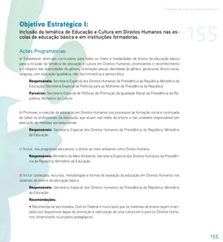 Programa Nacional de Direitos Humanos–3




Objetivo Estratégico I:
Inclusão da temática de Educação e Cultura em Direitos Humanos nas es-
colas de educação básica e em instituições formadoras.                                                           155
Ações Programáticas:
a) Estabelecer diretrizes curriculares para todos os níveis e modalidades de ensino da educação básica
para a inclusão da temática de educação e cultura em Direitos Humanos, promovendo o reconhecimento
e o respeito das diversidades de gênero, orientação sexual, identidade de gênero, geracional, étnico-racial,
religiosa, com educação igualitária, não discriminatória e democrática.
      Responsáveis: Secretaria Especial dos Direitos Humanos da Presidência da República; Ministério da
      Educação; Secretaria Especial de Políticas para as Mulheres da Presidência da República
      Parceiros: Secretaria Especial de Políticas de Promoção da Igualdade Racial da Presidência da Re-
      pública; Ministério da Cultura


b) Promover a inserção da educação em Direitos Humanos nos processos de formação inicial e continuada
de todos os profissionais da educação, que atuam nas redes de ensino e nas unidades responsáveis por
execução de medidas socioeducativas.
      Responsáveis: Secretaria Especial dos Direitos Humanos da Presidência da República; Ministério
      da Educação


c) Incluir, nos programas educativos, o direito ao meio ambiente como Direito Humano.
      Responsáveis: Ministério do Meio Ambiente; Secretaria Especial dos Direitos Humanos da Presidên-
      cia da República; Ministério da Educação


d) Incluir conteúdos, recursos, metodologias e formas de avaliação da educação em Direitos Humanos nos
sistemas de ensino da educação básica.
      Responsáveis: Secretaria Especial dos Direitos Humanos da Presidência da República; Ministério
      da Educação
      Recomendações:
      • Recomenda-se aos estados, Distrito Federal e municípios que os sistemas de ensino sejam orien-
      tados por dispositivos legais de promoção e valorização de uma cultura em e para os Direitos Huma-
      nos, dinamizando os projetos pedagógicos.




                                                                                                                                   155
 