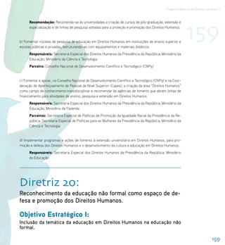 Programa Nacional de Direitos Humanos–3




                                                                                                              159
      Recomendação: Recomenda-se às universidades a criação de cursos de pós-graduação, extensão e
      especialização e de linhas de pesquisa voltadas para a proteção e promoção dos Direitos Humanos.


b) Fomentar núcleos de pesquisa de educação em Direitos Humanos em instituições de ensino superior e
escolas públicas e privadas, estruturando-as com equipamentos e materiais didáticos.
      Responsáveis: Secretaria Especial dos Direitos Humanos da Presidência da República; Ministério da
      Educação; Ministério da Ciência e Tecnologia
      Parceiro: Conselho Nacional de Desenvolvimento Científico e Tecnológico (CNPq)


c) Fomentar e apoiar, no Conselho Nacional de Desenvolvimento Científico e Tecnológico (CNPq) e na Coor-
denação de Aperfeiçoamento de Pessoal de Nível Superior (Capes), a criação da área “Direitos Humanos”
como campo de conhecimento transdisciplinar e recomendar às agências de fomento que abram linhas de
financiamento para atividades de ensino, pesquisa e extensão em Direitos Humanos.
      Responsáveis: Secretaria Especial dos Direitos Humanos da Presidência da República; Ministério da
      Educação; Ministério da Fazenda
      Parceiros: Secretaria Especial de Políticas de Promoção da Igualdade Racial da Presidência da Re-
      pública; Secretaria Especial de Políticas para as Mulheres da Presidência da República; Ministério da
      Ciência e Tecnologia


d) Implementar programas e ações de fomento à extensão universitária em Direitos Humanos, para pro-
moção e defesa dos Direitos Humanos e o desenvolvimento da cultura e educação em Direitos Humanos.
      Responsáveis: Secretaria Especial dos Direitos Humanos da Presidência da República; Ministério
      da Educação




Diretriz 20:
Reconhecimento da educação não formal como espaço de de-
fesa e promoção dos Direitos Humanos.

Objetivo Estratégico I:
Inclusão da temática da educação em Direitos Humanos na educação não
formal.

                                                                                                                                 159
 
