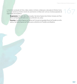 Programa Nacional de Direitos Humanos–3




c) Incentivar a produção de filmes, vídeos, áudios e similares, voltada para a educação em Direitos Huma-
nos e que reconstrua a história recente do autoritarismo no Brasil, bem como as iniciativas populares de
organização e de resistência.
      Responsáveis: Ministério das Comunicações; Secretaria Especial dos Direitos Humanos da Presi-
                                                                                                            167
      dência da República; Ministério da Cultura; Ministério da Justiça
      Parceiros: Secretaria Especial de Políticas de Promoção da Igualdade Racial da Presidência da Re-
      pública; Secretaria Especial de Políticas para as Mulheres da Presidência da República




                                                                                                                               167
 