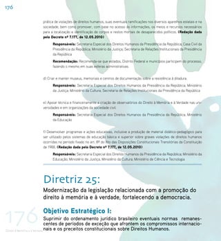 176

                   prática de violações de direitos humanos, suas eventuais ramificações nos diversos aparelhos estatais e na
                   sociedade, bem como promover, com base no acesso ás informações, os meios e recursos necessários
                   para a localização e identificação de corpos e restos mortais de desaparecidos políticos. (Redação dada
                   pelo Decreto nº 7.177, de 12.05.2010)
                         Responsáveis: Secretaria Especial dos Direitos Humanos da Presidência da República; Casa Civil da
                         Presidência da República; Ministério da Justiça; Secretaria de Relações Institucionais da Presidência
                         da República
                         Recomendação: Recomenda-se que estados, Distrito Federal e municípios participem do processo,
                         fazendo o mesmo em suas esferas administrativas.


                   d) Criar e manter museus, memoriais e centros de documentação sobre a resistência à ditadura.
                         Responsáveis: Secretaria Especial dos Direitos Humanos da Presidência da República; Ministério
                         da Justiça; Ministério da Cultura; Secretaria de Relações Institucionais da Presidência da República


                   e) Apoiar técnica e financeiramente a criação de observatórios do Direito à Memória e à Verdade nas uni-
                   versidades e em organizações da sociedade civil.
                         Responsáveis: Secretaria Especial dos Direitos Humanos da Presidência da República; Ministério
                         da Educação


                   f) Desenvolver programas e ações educativas, inclusive a produção de material didático-pedagógico para
                   ser utilizado pelos sistemas de educação básica e superior sobre graves violações de direitos humanos
                   ocorridas no período fixado no art. 8º do Ato das Disposições Constitucionais Transitórias da Constituição
                   de 1988. (Redação dada pelo Decreto nº 7.177, de 12.05.2010)
                         Responsáveis: Secretaria Especial dos Direitos Humanos da Presidência da República; Ministério da
                         Educação; Ministério da Justiça, Ministério da Cultura; Ministério de Ciência e Tecnologia




                   Diretriz 25:
                   Modernização da legislação relacionada com a promoção do
                   direito à memória e à verdade, fortalecendo a democracia.


176                Objetivo Estratégico I:
                              Suprimir do ordenamento jurídico brasileiro eventuais normas remanes-
                              centes de períodos de exceção que afrontem os compromissos internacio-
Direito à Memória e à Verdade nais e os preceitos constitucionais sobre Direitos Humanos.
 