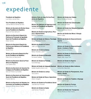 178


      expediente
      Presidente da República                    Ministra-Chefe da Casa Civil da Presi-      Ministro de Estado das Cidades
      Luiz Inácio Lula da Silva                  dência da República                         Márcio Fortes de Almeida
                                                 Dilma Vana Rousseff
      Vice-Presidente da República                                                        Ministro de Estado das Comunicações
      José de Alencar Gomes da Silva             Ministro do Gabinete de Segurança Insti- Hélio Calixto da Costa
                                                 tucional da Presidência da República
      Ministro da Secretaria de Direitos Huma-   Jorge Armando Felix                      Ministro de Estado das Relações Exteriores
      nos da Presidência da República                                                     Celso Luiz Nunes Amorim
      Paulo de Tarso Vannuchi                    Ministro de Estado da Agricultura, Pecu-
                                                 ária e Abastecimento                     Ministro de Estado das Minas e Energia
      Ministro da Secretaria Especial de         Reinhold Stephanes                       Edison Lobão
      Políticas de Promoção da Igualdade
      Racial da Presidência da República         Ministro de Estado da Ciência e Tecnologia Ministro de Estado do Desenvolvimento
      Edson Santos                               Sérgio Machado Ferreira                    Agrário
                                                                                            Guilherme Cassel
      Ministra da Secretaria Especial de         Ministro de Estado da Cultura
      Políticas para Mulheres da Presidência     João Luiz Silva Ferreira                   Ministro de Estado do Desenvolvimento
      da República                                                                          Social e Combate à Fome
      Nilcéa Freire                              Ministro de Estado da Defesa               Patrus Ananias de Souza
                                                 Nelson Azevedo Jobim
      Ministro da Secretaria Especial de Por-                                               Ministro de Estado do Desenvolvimento,
      tos da Presidência da República            Ministro de Estado da Educação             Indústria e Comércio
      Pedro Brito do Nascimento                  Fernando Haddad                            Miguel João Jorge Filho

      Ministro da Secretaria-Geral da Presi-     Ministro de Estado da Fazenda               Ministro de Estado do Esporte
      dência da República                        Guido Mantega                               Orlando Silva de Jesus Júnior
      Luiz Soares Dulci
                                                 Ministro de Estado da Integração Nacional   Ministro de Estado do Meio Ambiente
      Ministro da Secretaria de Assuntos Es-     Geddel Quadros Vieira Lima                  Carlos Minc Baumfeld
      tratégicos da Presidência da República
      Samuel Pinheiro Guimarães                  Ministro de Estado da Justiça               Ministro de Estado do Planejamento, Orça-
                                                 Tarso Genro                                 mento e Gestão
      Ministro da Secretaria de Comunicação                                                  Paulo Bernardo Silva
      Social da Presidência da República         Ministro de Estado da Pesca e Aquicultura
      Franklin Martins                           Altemir Gregolin                            Ministro de Estado do Trabalho e Emprego
                                                                                             Carlos Roberto Lupi
      Ministro da Secretaria de Relações Ins-    Ministro de Estado da Previdência Social




178 expediente
      titucionais da Presidência da República    José Barroso Pimentel                    Ministro de Estado do Turismo
      Alexandre Rocha Santos Padilha                                                      Luiz Eduardo Pereira Baretto Filho
                                                 Ministro de Estado da Saúde
                                                 José Gomes Temporão                      Ministro de Estado dos Transportes
                                                                                          Alfredo Pereira do Nascimento
 