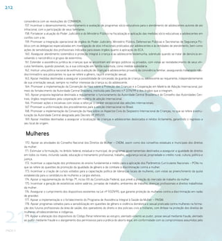212

          consonância com as resoluções do CONANDA.
           157. Incentivar o desenvolvimento, monitoramento e avaliação de programas sócio-educativos para o atendimento de adolescentes autores de ato
          infracional, com a participação de seus familiares.
           158. Fortalecer a atuação do Poder Judiciário e do Ministério Público na fiscalização e aplicação das medidas sócio-educativas a adolescentes em
          conflito com a lei.
           159. Promover a integração operacional de órgãos do Poder Judiciário, Ministério Público, Defensorias Públicas e Secretarias de Segurança Pú-
          blica com as delegacias especializadas em investigação de atos infracionais praticados por adolescentes e às entidades de atendimento, bem como
          ações de sensibilização dos profissionais indicados para esses órgãos quanto à aplicação do ECA.
           160. Assegurar atendimento sistemático e proteção integral à criança e ao adolescente testemunha, sobretudo quando se tratar de denúncia en-
          volvendo o narcotráfico e grupos de extermínio.
           161. Estender a assistência jurídica às crianças que se encontram em abrigos públicos ou privados, com vistas ao restabelecimento de seus vín-
          culos familiares, quando possível, ou a sua colocação em família substituta, como medida subsidiária.
           162. Instituir uma política nacional de estímulo à adoção de crianças e adolescentes privados da convivência familiar, assegurando tratamento não-
          discriminatório aos postulantes no que se refere a gênero, raça e orientação sexual.
           163. Apoiar medidas destinadas a assegurar a possibilidade de concessão da guarda de criança ou adolescente ao requerente, independentemente
          de sua orientação sexual, sempre no melhor interesse da criança ou do adolescente.
           164. Promover a implementação da Convenção da Haia sobre a Proteção das Crianças e a Cooperação em Matéria de Adoção Internacional, por
          meio do fortalecimento da Autoridade Central Brasileira, instituída pelo Decreto n.º 3.174/99 e dos órgãos que a integram.
           165. Apoiar proposta legislativa destinada a regulamentar o funcionamento da Autoridade Central Brasileira e do Conselho das Autoridades Cen-
          trais, órgãos responsáveis pela cooperação em matéria de adoção internacional.
           166. Promover ações e iniciativas com vistas a reforçar o caráter excepcional das adoções internacionais.
           167. Promover a uniformização dos procedimentos para a adoção internacional no Brasil.
           168. Promover a implementação da Convenção da Haia sobre os Aspectos Civis do Seqüestro Internacional de Crianças, no que se refere à estru-
          turação da Autoridade Central designada pelo Decreto nº 3951/01.
           169. Apoiar medidas destinadas a assegurar a localização de crianças e adolescentes deslocados e retidos ilicitamente, garantindo o regresso a
          seu local de origem.


           Mulheres
           170. Apoiar as atividades do Conselho Nacional dos Direitos da Mulher – CNDM, assim como dos conselhos estaduais e municipais dos direitos
          da mulher.
           171. Estimular a formulação, no âmbito federal, estadual e municipal, de programas governamentais destinados a assegurar a igualdade de direitos
          em todos os níveis, incluindo saúde, educação e treinamento profissional, trabalho, segurança social, propriedade e crédito rural, cultura, política e
          justiça.
           172. Incentivar a capacitação dos professores do ensino fundamental e médio para a aplicação dos Parâmetros Curriculares Nacionais – PCNs no
          que se refere às questões de promoção da igualdade de gênero e de combate à discriminação contra a mulher.
           173. Incentivar a criação de cursos voltados para a capacitação política de lideranças locais de mulheres, com vistas ao preenchimento da quota
          estabelecida para a candidatura de mulheres a cargos eletivos.
           174. Apoiar a regulamentação do Artigo 7º, inciso XX da Constituição Federal, que prevê a proteção do mercado de trabalho da mulher.
           175. Incentivar a geração de estatísticas sobre salários, jornadas de trabalho, ambientes de trabalho, doenças profissionais e direitos trabalhistas
          da mulher.
           176. Assegurar o cumprimento dos dispositivos existentes na Lei nº 9.029/95, que garante proteção às mulheres contra a discriminação em razão
          de gravidez.
           177. Apoiar a implementação e o fortalecimento do Programa de Assistência Integral à Saúde da Mulher – PAISM.




212
           178. Apoiar programas voltados para a sensibilização em questões de gênero e violência doméstica e sexual praticada contra mulheres na forma-
          ção dos futuros profissionais da área de saúde, dos operadores do direito e dos policiais civis e militares, com ênfase na proteção dos direitos de
          mulheres afrodescendentes e indígenas.
           179. Apoiar a alteração dos dispositivos do Código Penal referentes ao estupro, atentado violento ao pudor, posse sexual mediante fraude, atentado
          ao pudor mediante fraude e o alargamento dos permissivos para a prática do aborto legal, em conformidade com os compromissos assumidos pelo


PNDH II
 