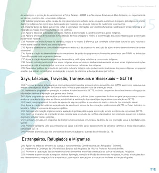 Programa Nacional de Direitos Humanos–3




                                                                                                                                215
de seu entorno, a promoção de parcerias com a Polícia Federal, o IBAMA e as Secretarias Estaduais de Meio Ambiente, e a capacitação de
servidores e membros das comunidades indígenas.
 230. Viabilizar programas e ações na área de etno-desenvolvimento voltados para a ocupação sustentável de espaços estratégicos no interior
das terras indígenas, tais como áreas desocupadas por invasores e/ou áreas de ingresso de madeireiros e garimpeiros.
 231. Implantar banco de dados que permita colher e sistematizar informações sobre conflitos fundiários e violência em terras indígenas, a ser
integrado aos mapas de conflitos fundiários e de violência.
 232. Apoiar a edição de publicações com dados relativos à discriminação e à violência contra os povos indígenas.
 233. Apoiar o processo de revisão dos livros didáticos de modo a resgatar a história e a contribuição dos povos indígenas para a construção
da identidade nacional.
 234. Promover um ensino fundado na tolerância, na paz e no respeito à diferença, que contemple a diversidade cultural do país, incluindo o
ensino sobre cultura e história dos povos indígenas.
 235. Apoiar e assessorar as comunidades indígenas na elaboração de projetos e na execução de ações de etno-desenvolvimento de caráter
sustentável.
 236. Apoiar a criação e o desenvolvimento dos mecanismos de gestão dos programas multissetoriais gerenciados pela FUNAI, no âmbito dos
Planos Plurianuais e dos orçamentos federais.
 237. Apoiar a criação de serviços específicos de assistência jurídica para indivíduos e comunidades indígenas.
 238. Garantir o direito constitucional dos povos indígenas ao uso exclusivo da biodiversidade existente em suas terras, implementando ações
que venham a coibir a biopirataria dos recursos e conhecimentos tradicionais dos indígenas.
 239. Desenvolver políticas de proteção do patrimônio cultural e biológico e dos conhecimentos tradicionais dos povos indígenas, em especial
as ações que tenham como objetivo a catalogação, o registro de patentes e a divulgação desse patrimônio.


Gays, Lésbicas, Travestis, Transexuais e Bissexuais – GLTTB
 240. Promover a coleta e a divulgação de informações estatísticas sobre a situação sócio-demográfica dos GLTTB, assim como pesquisas que
tenham como objeto as situações de violência e discriminação praticadas em razão de orientação sexual.
 241. Implementar programas de prevenção e combate à violência contra os GLTTB, incluindo campanhas de esclarecimento e divulgação de
informações relativas à legislação que garante seus direitos.
 242. Apoiar programas de capacitação de profissionais de educação, policiais, juízes e operadores do direto em geral para promover a compre-
ensão e a consciência ética sobre as diferenças individuais e a eliminação dos estereótipos depreciativos com relação aos GLTTB.
 243. Inserir, nos programas de formação de agentes de segurança pública e operadores do direito, o tema da livre orientação sexual.
 244. Apoiar a criação de instâncias especializadas de atendimento a casos de discriminação e violência contra GLTTB no Poder Judiciário, no
Ministério Público e no sistema de segurança pública.
 245. Estimular a formulação, implementação e avaliação de políticas públicas para a promoção social e econômica da comunidade GLTTB.
 246. Incentivar programas de orientação familiar e escolar para a resolução de conflitos relacionados à livre orientação sexual, com o objetivo
de prevenir atitudes hostis e violentas.
 247. Estimular a inclusão, em programas de direitos humanos estaduais e municipais, da defesa da livre orientação sexual e da cidadania dos
GLTTB.
 248. Promover campanha junto aos profissionais da saúde e do direito para o esclarecimento de conceitos científicos e éticos relacionados à
comunidade GLTTB.
 249. Promover a sensibilização dos profissionais de comunicação para a questão dos direitos dos GLTTB.


 Estrangeiros, Refugiados e Migrantes
 250. Apoiar, no âmbito do Ministério da Justiça, o funcionamento do Comitê Nacional para Refugiados – CONARE.
 251. Implementar a Convenção da ONU relativa ao Estatuto dos Refugiados, de 1951, e o Protocolo Adicional de 1966.
 252. Promover a capacitação das autoridades nacionais diretamente envolvidas na execução da política nacional para refugiados.
 253. Promover e apoiar estudos e pesquisas relativos à proteção, promoção e difusão dos direitos dos refugiados, incluindo as soluções durá-
veis (reassentamento, integração local e repatriação), com especial atenção para a situação das mulheres e crianças refugiadas.




                                                                                                                                                   215
 