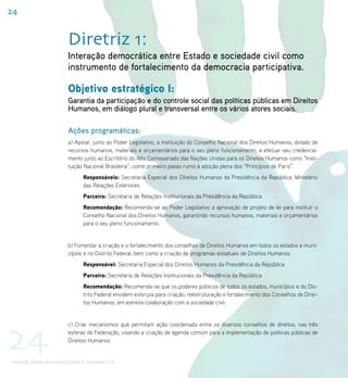 24


                            Diretriz 1:
                            Interação democrática entre Estado e sociedade civil como
                            instrumento de fortalecimento da democracia participativa.

                            Objetivo estratégico I:
                            Garantia da participação e do controle social das políticas públicas em Direitos
                            Humanos, em diálogo plural e transversal entre os vários atores sociais.

                            Ações programáticas:
                            a) Apoiar, junto ao Poder Legislativo, a instituição do Conselho Nacional dos Direitos Humanos, dotado de
                            recursos humanos, materiais e orçamentários para o seu pleno funcionamento, e efetuar seu credencia-
                            mento junto ao Escritório do Alto Comissariado das Nações Unidas para os Direitos Humanos como “Insti-
                            tuição Nacional Brasileira”, como primeiro passo rumo à adoção plena dos “Princípios de Paris”.
                                    Responsáveis: Secretaria Especial dos Direitos Humanos da Presidência da República; Ministério
                                    das Relações Exteriores
                                    Parceiro: Secretaria de Relações Institucionais da Presidência da República
                                    Recomendação: Recomenda-se ao Poder Legislativo a aprovação de projeto de lei para instituir o
                                    Conselho Nacional dos Direitos Humanos, garantindo recursos humanos, materiais e orçamentários
                                    para o seu pleno funcionamento.


                            b) Fomentar a criação e o fortalecimento dos conselhos de Direitos Humanos em todos os estados e muni-
                            cípios e no Distrito Federal, bem como a criação de programas estaduais de Direitos Humanos.
                                    Responsável: Secretaria Especial dos Direitos Humanos da Presidência da República
                                    Parceiro: Secretaria de Relações Institucionais da Presidência da República
                                    Recomendação: Recomenda-se que os poderes públicos de todos os estados, municípios e do Dis-
                                    trito Federal envidem esforços para criação, reestruturação e fortalecimento dos Conselhos de Direi-
                                    tos Humanos, em estreita colaboração com a sociedade civil.




24
                            c) Criar mecanismos que permitam ação coordenada entre os diversos conselhos de direitos, nas três
                            esferas da Federação, visando a criação de agenda comum para a implementação de políticas públicas de
                            Direitos Humanos.


Interação Democrática entre Estado e Sociedade Civil
 