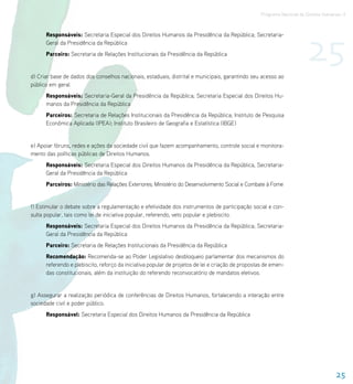Programa Nacional de Direitos Humanos–3




                                                                                                                         25
      Responsáveis: Secretaria Especial dos Direitos Humanos da Presidência da República; Secretaria-
      Geral da Presidência da República
      Parceiro: Secretaria de Relações Institucionais da Presidência da República


d) Criar base de dados dos conselhos nacionais, estaduais, distrital e municipais, garantindo seu acesso ao
público em geral.
      Responsáveis: Secretaria-Geral da Presidência da República; Secretaria Especial dos Direitos Hu-
      manos da Presidência da República
      Parceiros: Secretaria de Relações Institucionais da Presidência da República; Instituto de Pesquisa
      Econômica Aplicada (IPEA); Instituto Brasileiro de Geografia e Estatística (IBGE)


e) Apoiar fóruns, redes e ações da sociedade civil que fazem acompanhamento, controle social e monitora-
mento das políticas públicas de Direitos Humanos.
      Responsáveis: Secretaria Especial dos Direitos Humanos da Presidência da República, Secretaria-
      Geral da Presidência da República
      Parceiros: Ministério das Relações Exteriores; Ministério do Desenvolvimento Social e Combate à Fome


f) Estimular o debate sobre a regulamentação e efetividade dos instrumentos de participação social e con-
sulta popular, tais como lei de iniciativa popular, referendo, veto popular e plebiscito.
      Responsáveis: Secretaria Especial dos Direitos Humanos da Presidência da República; Secretaria-
      Geral da Presidência da República
      Parceiro: Secretaria de Relações Institucionais da Presidência da República
      Recomendação: Recomenda-se ao Poder Legislativo desbloqueio parlamentar dos mecanismos do
      referendo e plebiscito, reforço da iniciativa popular de projetos de lei e criação de propostas de emen-
      das constitucionais, além da instituição do referendo reconvocatório de mandatos eletivos.


g) Assegurar a realização periódica de conferências de Direitos Humanos, fortalecendo a interação entre
sociedade civil e poder público.
      Responsável: Secretaria Especial dos Direitos Humanos da Presidência da República




                                                                                                                                      25
 