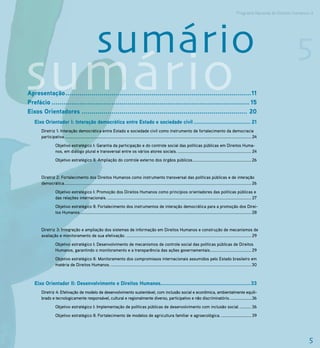 Programa Nacional de Direitos Humanos–3




                                                     sumário                                                                                                                                               5
sumário
Apresentação .............................................................................................11
Prefácio ................................................................................................... 15
Eixos Orientadores ................................................................................... 20
   Eixo Orientador I: Interação democrática entre Estado e sociedade civil .................................... 21
      Diretriz 1: Interação democrática entre Estado e sociedade civil como instrumento de fortalecimento da democracia
      participativa. ....................................................................................................................................................................... 24
                 Objetivo estratégico I: Garantia da participação e do controle social das políticas públicas em Direitos Huma-
                 nos, em diálogo plural e transversal entre os vários atores sociais. .................................................................. 24
                 Objetivo estratégico II: Ampliação do controle externo dos órgãos públicos..................................................... 26


      Diretriz 2: Fortalecimento dos Direitos Humanos como instrumento transversal das políticas públicas e de interação
      democrática. ....................................................................................................................................................................... 26
                 Objetivo estratégico I: Promoção dos Direitos Humanos como princípios orientadores das políticas públicas e
                 das relações internacionais. ................................................................................................................................. 27
                 Objetivo estratégico II: Fortalecimento dos instrumentos de interação democrática para a promoção dos Direi-
                 tos Humanos. ......................................................................................................................................................... 28


      Diretriz 3: Integração e ampliação dos sistemas de informação em Direitos Humanos e construção de mecanismos de
      avaliação e monitoramento de sua efetivação. ................................................................................................................ 29
                 Objetivo estratégico I: Desenvolvimento de mecanismos de controle social das políticas públicas de Direitos
                 Humanos, garantindo o monitoramento e a transparência das ações governamentais. .................................... 29
                 Objetivo estratégico II: Monitoramento dos compromissos internacionais assumidos pelo Estado brasileiro em
                 matéria de Direitos Humanos. .............................................................................................................................. 30



   Eixo Orientador II: Desenvolvimento e Direitos Humanos.........................................................33
      Diretriz 4: Efetivação de modelo de desenvolvimento sustentável, com inclusão social e econômica, ambientalmente equili-
      brado e tecnologicamente responsável, cultural e regionalmente diverso, participativo e não discriminatório. .....................36
                 Objetivo estratégico I: Implementação de políticas públicas de desenvolvimento com inclusão social. .......... 36
                 Objetivo estratégico II: Fortalecimento de modelos de agricultura familiar e agroecológica. ........................... 39




                                                                                                                                                                                                                 5
 