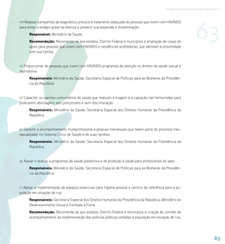 Programa Nacional de Direitos Humanos–3




                                                                                                                  63
m) Realizar campanhas de diagnóstico precoce e tratamento adequado às pessoas que vivem com HIV/AIDS
para evitar o estágio grave da doença e prevenir sua expansão e disseminação.
      Responsável: Ministério da Saúde
      Recomendação: Recomenda-se aos estados, Distrito Federal e municípios a ampliação de casas de
      apoio para pessoas que vivem com HIV/AIDS e residências acolhedoras, que admitam a proximidade
      com sua família.


n) Proporcionar às pessoas que vivem com HIV/AIDS programas de atenção no âmbito da saúde sexual e
reprodutiva.
      Responsáveis: Ministério da Saúde; Secretaria Especial de Políticas para as Mulheres da Presidên-
      cia da República


o) Capacitar os agentes comunitários de saúde que realizam a triagem e a captação nas hemorredes para
praticarem abordagens sem preconceito e sem discriminação.
      Responsáveis: Ministério da Saúde; Secretaria Especial dos Direitos Humanos da Presidência da
      República


p) Garantir o acompanhamento multiprofissional a pessoas transexuais que fazem parte do processo tran-
sexualizador no Sistema Único de Saúde e de suas famílias.
      Responsáveis: Ministério da Saúde; Secretaria Especial dos Direitos Humanos da Presidência da
      República


q) Apoiar o acesso a programas de saúde preventiva e de proteção à saúde para profissionais do sexo.
      Responsáveis: Ministério da Saúde; Secretaria Especial de Políticas para as Mulheres da Presidên-
      cia da República


r) Apoiar a implementação de espaços essenciais para higiene pessoal e centros de referência para a po-
pulação em situação de rua.
      Responsáveis: Secretaria Especial dos Direitos Humanos da Presidência da República; Ministério do
      Desenvolvimento Social e Combate à Fome
      Recomendação: Recomenda-se aos estados, Distrito Federal e municípios a criação de comitês de
      acompanhamento da implementação das políticas públicas voltadas à população em situação de rua.




                                                                                                                                63
 