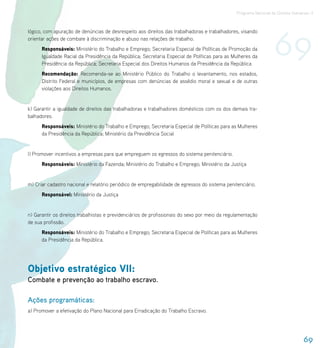 Programa Nacional de Direitos Humanos–3




                                                                                                                  69
lógico, com apuração de denúncias de desrespeito aos direitos das trabalhadoras e trabalhadores, visando
orientar ações de combate à discriminação e abuso nas relações de trabalho.
      Responsáveis: Ministério do Trabalho e Emprego; Secretaria Especial de Políticas de Promoção da
      Igualdade Racial da Presidência da República; Secretaria Especial de Políticas para as Mulheres da
      Presidência da República; Secretaria Especial dos Direitos Humanos da Presidência da República
      Recomendação: Recomenda-se ao Ministério Público do Trabalho o levantamento, nos estados,
      Distrito Federal e municípios, de empresas com denúncias de assédio moral e sexual e de outras
      violações aos Direitos Humanos.


k) Garantir a igualdade de direitos das trabalhadoras e trabalhadores domésticos com os dos demais tra-
balhadores.
      Responsáveis: Ministério do Trabalho e Emprego; Secretaria Especial de Políticas para as Mulheres
      da Presidência da República; Ministério da Previdência Social


l) Promover incentivos a empresas para que empreguem os egressos do sistema penitenciário.
      Responsáveis: Ministério da Fazenda; Ministério do Trabalho e Emprego; Ministério da Justiça


m) Criar cadastro nacional e relatório periódico de empregabilidade de egressos do sistema penitenciário.
      Responsável: Ministério da Justiça


n) Garantir os direitos trabalhistas e previdenciários de profissionais do sexo por meio da regulamentação
de sua profissão.
      Responsáveis: Ministério do Trabalho e Emprego; Secretaria Especial de Políticas para as Mulheres
      da Presidência da República.




Objetivo estratégico VII:
Combate e prevenção ao trabalho escravo.

Ações programáticas:
a) Promover a efetivação do Plano Nacional para Erradicação do Trabalho Escravo.




                                                                                                                                  69
 