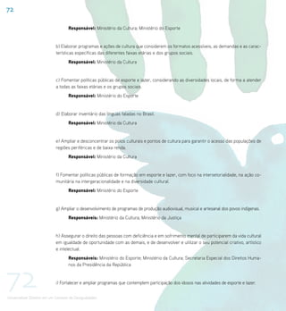 72

                                    Responsável: Ministério da Cultura; Ministério do Esporte


                             b) Elaborar programas e ações de cultura que considerem os formatos acessíveis, as demandas e as carac-
                             terísticas específicas das diferentes faixas etárias e dos grupos sociais.
                                    Responsável: Ministério da Cultura


                             c) Fomentar políticas públicas de esporte e lazer, considerando as diversidades locais, de forma a atender
                             a todas as faixas etárias e os grupos sociais.
                                    Responsável: Ministério do Esporte


                             d) Elaborar inventário das línguas faladas no Brasil.
                                    Responsável: Ministério da Cultura


                             e) Ampliar e desconcentrar os polos culturais e pontos de cultura para garantir o acesso das populações de
                             regiões periféricas e de baixa renda.
                                    Responsável: Ministério da Cultura


                             f) Fomentar políticas públicas de formação em esporte e lazer, com foco na intersetorialidade, na ação co-
                             munitária na intergeracionalidade e na diversidade cultural.
                                    Responsável: Ministério do Esporte


                             g) Ampliar o desenvolvimento de programas de produção audiovisual, musical e artesanal dos povos indígenas.
                                    Responsáveis: Ministério da Cultura; Ministério da Justiça


                             h) Assegurar o direito das pessoas com deficiência e em sofrimento mental de participarem da vida cultural
                             em igualdade de oportunidade com as demais, e de desenvolver e utilizar o seu potencial criativo, artístico
                             e intelectual.
                                    Responsáveis: Ministério do Esporte; Ministério da Cultura; Secretaria Especial dos Direitos Huma-




72
                                    nos da Presidência da República


                             i) Fortalecer e ampliar programas que contemplem participação dos idosos nas atividades de esporte e lazer.


Universalizar Direitos em um Contexto de Desigualdades
 
