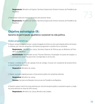 Programa Nacional de Direitos Humanos–3




                                                                                                                           73
      Responsáveis: Ministério do Esporte; Secretaria Especial dos Direitos Humanos da Presidência da
      República


j) Potencializar ações de incentivo ao turismo para pessoas idosas.
      Responsáveis: Ministério do Turismo; Secretaria Especial dos Direitos Humanos da Presidência da
      República




Objetivo estratégico IX:
Garantia da participação igualitária e acessível na vida política.

Ações programáticas:
a) Apoiar campanhas para promover a ampla divulgação do direito ao voto e participação política de homens
e mulheres, por meio de campanhas informativas que garantam a escolha livre e consciente.
      Responsáveis: Ministério da Justiça; Secretaria Especial de Políticas para as Mulheres da Presi-
      dência da República;
      Recomendação: Recomendam-se aos Tribunais Eleitorais a fiscalização nos postos de votação e a
      promoção de campanhas para evitar contrapartidas no ato do voto.


b) Apoiar o combate ao crime de captação ilícita de sufrágio, inclusive com campanhas de esclarecimento
e conscientização dos eleitores.
      Responsável: Ministério da Justiça


c) Apoiar os projetos legislativos para o financiamento público de campanhas eleitorais.
      Responsável: Ministério da Justiça
      Parceiro: Secretaria de Relações Institucionais da Presidência da República


d) Garantir acesso irrestrito às zonas eleitorais por meio de transporte público e acessível e apoiar a criação
de zonas eleitorais em áreas de difícil acesso.
      Responsáveis: Ministério da Justiça; Ministério das Cidades




                                                                                                                                       73
 