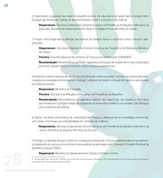 78

                             b) Desenvolver programas nas redes de assistência social, de educação e de saúde para o fortalecimento
                             do papel das famílias em relação ao desenvolvimento infantil e à disciplina não violenta.
                                      Responsáveis: Secretaria Especial dos Direitos Humanos da Presidência da República; Ministério da
                                      Educação; Ministério do Desenvolvimento Social e Combate à Fome; Ministério da Saúde


                             c) Propor marco legal para a abolição das práticas de castigos físicos e corporais contra crianças e ado-
                             lescentes.
                                      Responsáveis: Secretaria Especial dos Direitos Humanos da Presidência da República; Ministério
                                      da Justiça
                                      Parceiro: Conselho Nacional dos Direitos da Criança e do Adolescente (CONANDA)
                                      Recomendação: Recomenda-se ao Poder Legislativo priorização de projeto de lei para a tipificação
                                      penal dos castigos físicos e corporais contra crianças e adolescentes.


                             d) Implantar sistema nacional de registro de ocorrência de violência escolar, incluindo as práticas de violên-
                             cia gratuita e reiterada entre estudantes (bullying11), adotando formulário unificado de registro a ser utilizado
                             por todas as escolas.
                                      Responsável: Ministério da Educação
                                      Parceiro: Secretaria de Relações Institucionais da Presidência da República
                                      Recomendação: Recomenda-se ao Legislativo elaborar leis específicas nos estados e municípios
                                      que introduzam a obrigatoriedade de programas de prevenção à violência nas escolas, com destaque
                                      para as práticas de bullying.


                             e) Apoiar iniciativas comunitárias de mobilização de crianças e adolescentes em estratégias preventivas,
                             com vistas a minimizar sua vulnerabilidade em contextos de violência.
                                      Responsáveis: Secretaria Especial dos Direitos Humanos da Presidência da República; Ministério da
                                      Justiça; Ministério do Esporte; Ministério do Turismo


                             f) Extinguir os grandes abrigos e eliminar a longa permanência de crianças e adolescentes em abrigamen-
                             to, adequando os serviços de acolhimento aos parâmetros aprovados pelo Conanda e Conselho Nacional de
                             Assistência Social (CNAS).




78
                                      Responsável: Ministério do Desenvolvimento Social e Combate à Fome

                             11 – Atitudes agressivas, intencionais e repetidas, que ocorrem sem motivação evidente, adotadas por um ou mais estudantes contra outro(s), causando dor e angústia,
                             e executadas dentro de uma relação desigual de poder.




Universalizar Direitos em um Contexto de Desigualdades
 