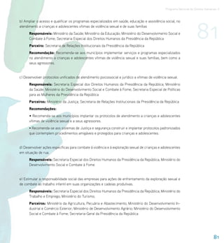 Programa Nacional de Direitos Humanos–3




                                                                                                                       81
b) Ampliar o acesso e qualificar os programas especializados em saúde, educação e assistência social, no
atendimento a crianças e adolescentes vítimas de violência sexual e de suas famílias
      Responsáveis: Ministério da Saúde; Ministério da Educação; Ministério do Desenvolvimento Social e
      Combate à Fome; Secretaria Especial dos Direitos Humanos da Presidência da República
      Parceiro: Secretaria de Relações Institucionais da Presidência da República
      Recomendação: Recomenda-se aos municípios implementar serviços e programas especializados
      no atendimento a crianças e adolescentes vítimas de violência sexual e suas famílias, bem como a
      seus agressores.


c) Desenvolver protocolos unificados de atendimento psicossocial e jurídico a vítimas de violência sexual.
      Responsáveis: Secretaria Especial dos Direitos Humanos da Presidência da República; Ministério
      da Saúde; Ministério do Desenvolvimento Social e Combate à Fome; Secretaria Especial de Políticas
      para as Mulheres da Presidência da República
      Parceiros: Ministério da Justiça; Secretaria de Relações Institucionais da Presidência da República
      Recomendações:
      • Recomenda-se aos municípios implantar os protocolos de atendimento a crianças e adolescentes
      vítimas de violência sexual e a seus agressores.
      • Recomenda-se aos sistemas de Justiça e segurança construir e implantar protocolos padronizados
      que contemplem procedimentos amigáveis e protegidos para crianças e adolescentes.


d) Desenvolver ações específicas para combate à violência e à exploração sexual de crianças e adolescentes
em situação de rua.
      Responsáveis: Secretaria Especial dos Direitos Humanos da Presidência da República; Ministério do
      Desenvolvimento Social e Combate à Fome.


e) Estimular a responsabilidade social das empresas para ações de enfrentamento da exploração sexual e
de combate ao trabalho infantil em suas organizações e cadeias produtivas.
      Responsáveis: Secretaria Especial dos Direitos Humanos da Presidência da República; Ministério do
      Trabalho e Emprego; Ministério do Turismo;
      Parceiros: Ministério da Agricultura, Pecuária e Abastecimento; Ministério do Desenvolvimento In-
      dustrial e Comércio Exterior; Ministério de Desenvolvimento Agrário; Ministério do Desenvolvimento
      Social e Combate à Fome; Secretaria-Geral da Presidência da República




                                                                                                                                   81
 