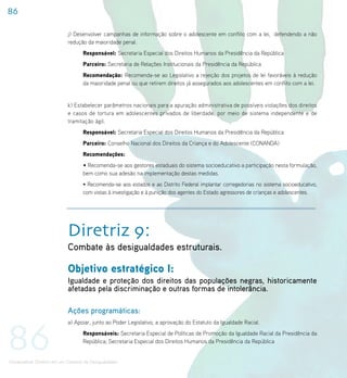86

                             j) Desenvolver campanhas de informação sobre o adolescente em conflito com a lei, defendendo a não
                             redução da maioridade penal.
                                    Responsável: Secretaria Especial dos Direitos Humanos da Presidência da República
                                    Parceiro: Secretaria de Relações Institucionais da Presidência da República
                                    Recomendação: Recomenda-se ao Legislativo a rejeição dos projetos de lei favoráveis à redução
                                    da maioridade penal ou que retirem direitos já assegurados aos adolescentes em conflito com a lei.


                             k) Estabelecer parâmetros nacionais para a apuração administrativa de possíveis violações dos direitos
                             e casos de tortura em adolescentes privados de liberdade, por meio de sistema independente e de
                             tramitação ágil.
                                    Responsável: Secretaria Especial dos Direitos Humanos da Presidência da República
                                    Parceiro: Conselho Nacional dos Direitos da Criança e do Adolescente (CONANDA)
                                    Recomendações:
                                    • Recomenda-se aos gestores estaduais do sistema socioeducativo a participação nesta formulação,
                                    bem como sua adesão na implementação destas medidas.
                                    • Recomenda-se aos estados e ao Distrito Federal implantar corregedorias no sistema socioeducativo,
                                    com vistas à investigação e à punição dos agentes do Estado agressores de crianças e adolescentes.




                             Diretriz 9:
                             Combate às desigualdades estruturais.

                             Objetivo estratégico I:
                             Igualdade e proteção dos direitos das populações negras, historicamente
                             afetadas pela discriminação e outras formas de intolerância.

                             Ações programáticas:



86
                             a) Apoiar, junto ao Poder Legislativo, a aprovação do Estatuto da Igualdade Racial.
                                    Responsáveis: Secretaria Especial de Políticas de Promoção da Igualdade Racial da Presidência da
                                    República; Secretaria Especial dos Direitos Humanos da Presidência da República


Universalizar Direitos em um Contexto de Desigualdades
 