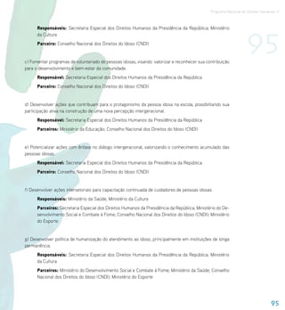 Programa Nacional de Direitos Humanos–3




                                                                                                                   95
      Responsáveis: Secretaria Especial dos Direitos Humanos da Presidência da República; Ministério
      da Cultura
      Parceiro: Conselho Nacional dos Direitos do Idoso (CNDI)


c) Fomentar programas de voluntariado de pessoas idosas, visando valorizar e reconhecer sua contribuição
para o desenvolvimento e bem-estar da comunidade.
      Responsável: Secretaria Especial dos Direitos Humanos da Presidência da República
      Parceiro: Conselho Nacional dos Direitos do Idoso (CNDI)


d) Desenvolver ações que contribuam para o protagonismo da pessoa idosa na escola, possibilitando sua
participação ativa na construção de uma nova percepção intergeracional.
      Responsável: Secretaria Especial dos Direitos Humanos da Presidência da República
      Parceiros: Ministério da Educação; Conselho Nacional dos Direitos do Idoso (CNDI)


e) Potencializar ações com ênfase no diálogo intergeracional, valorizando o conhecimento acumulado das
pessoas idosas.
      Responsável: Secretaria Especial dos Direitos Humanos da Presidência da República
      Parceiro: Conselho Nacional dos Direitos do Idoso (CNDI)


f) Desenvolver ações intersetoriais para capacitação continuada de cuidadores de pessoas idosas.
      Responsáveis: Ministério da Saúde; Ministério da Cultura
      Parceiros: Secretaria Especial dos Direitos Humanos da Presidência da República; Ministério do De-
      senvolvimento Social e Combate à Fome; Conselho Nacional dos Direitos do Idoso (CNDI); Ministério
      do Esporte


g) Desenvolver política de humanização do atendimento ao idoso, principalmente em instituições de longa
permanência.
      Responsáveis: Secretaria Especial dos Direitos Humanos da Presidência da República; Ministério
      da Cultura
      Parceiros: Ministério do Desenvolvimento Social e Combate à Fome; Ministério da Saúde; Conselho
      Nacional dos Direitos do Idoso (CNDI); Ministério do Esporte




                                                                                                                                 95
 