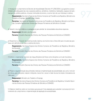 Programa Nacional de Direitos Humanos–3




                                                                                                                         97
c) Assegurar o cumprimento do Decreto de Acessibilidade (Decreto nº 5.296/2004), que garante a acessi-
bilidade pela adequação das vias e passeios públicos, semáforos, mobiliários, habitações, espaços de lazer,
transportes, prédios públicos, inclusive instituições de ensino, e outros itens de uso individual e coletivo.
      Responsáveis: Secretaria Especial dos Direitos Humanos da Presidência da República; Ministério do
      Trabalho e Emprego; Ministério das Cidades
      Parceiros: Secretaria de Relações Institucionais da Presidência da República; Ministério da Educa-
      ção; Conselho Nacional dos Direitos das Pessoas Portadoras de Deficiência (Conade)


d) Garantir recursos didáticos e pedagógicos para atender às necessidades educativas especiais.
      Responsável: Ministério da Educação
      Parceiro: Conselho Nacional dos Direitos das Pessoas Portadoras de Deficiência (CONADE)


e) Disseminar a utilização dos sistemas braile, tadoma, escrita de sinais e libras tátil para inclusão das pes-
soas com deficiência em todo o sistema de ensino.
      Responsáveis: Secretaria Especial dos Direitos Humanos da Presidência da República; Ministério
      da Educação
      Parceiro: Conselho Nacional dos Direitos das Pessoas Portadoras de Deficiência (CONADE)


f) Instituir e implementar o ensino da Língua Brasileira de Sinais como disciplina curricular facultativa.
      Responsáveis: Secretaria Especial dos Direitos Humanos da Presidência da República; Ministério
      da Educação
      Parceiro: Conselho Nacional dos Direitos das Pessoas Portadoras de Deficiência (CONADE)


g) Propor a regulamentação das profissões relativas à implementação da acessibilidade, tais como: instrutor
de Libras, guia-intérprete, tradutor-intérprete, transcritor, revisor e ledor da escrita braile e treinadores de
cães-guia.
      Responsável: Ministério do Trabalho e Emprego
      Parceiros: Secretaria Especial dos Direitos Humanos da Presidência da República; Conselho Nacio-
      nal dos Direitos das Pessoas Portadoras de Deficiência (CONADE)


h) Elaborar relatórios sobre os municípios que possuem frota adaptada para subsidiar o processo de moni-
toramento do cumprimento e implementação da legislação de acessibilidade.



                                                                                                                                       97
 