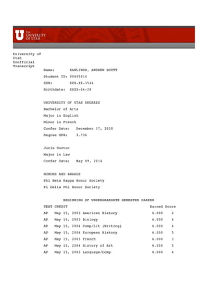 Ut Dba Transcript Andrew Rawlings - Transcripts from Law School and Undergrad | PDF