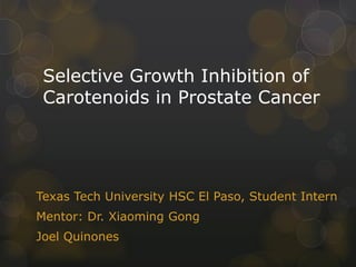 Selective Growth Inhibition of
Carotenoids in Prostate Cancer
Texas Tech University HSC El Paso, Student Intern
Mentor: Dr. Xiaoming Gong
Joel Quinones
 