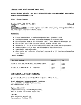 Employer: Global Technical Services Pvt Ltd (India).
Project Worked; Hutchison Essar South Limited-Hyderabad, Barthi Airtel Rajkot, Ahmadabad-
Gujarat, and Bhubaneswar-Orissa.
Role 4 : Project Engineer
Duration: 23
rd
Aug-03 -16
th
Feb-2006 ( 2 Years 5
months)
Role and Responsibility: As Project Engineer responsible for supporting of Integration of Nokia
BTS, follow-ups & acceptance behalf of project.
Description:
♦ Carried out Integration & Commissioning of Nokia BTS systems in Orissa.
♦ Field level Planning, Execution, Monitoring and Reporting at various levels.
♦ Coordination of Deliveries, Site Installation, Logistics Mgmt, Resource Deployment etc.
♦ Contact point to customers on Project Related Issues at different levels.
♦ Responsible for Ensuring, Tracking, Reporting project progress and Site documentation.
♦ Installation and Testing of Nokia Microwave Radio Transmission systems
♦ 4X2 and 16X2 systems for Nokia.
♦ Alarm testing and verification of local and remote ends of BTS sites, External as well as
frame alarms.
Training Summary:
Program or Course: Duration Year
NOKIA 3G-NODE-B SUPREME & FLEXI COMMISSIONING.
NOKIA – 2G ULTRA SITE TROUBLE SHOOTING.
3 DAY
2 DAY
2008
2004
EDUCATIONAL QUALIFICATIONS:
Qualification/% of Marks/Institution/University/Year of Completion.
B-Tech in Electronics and Communication Engineering
From KAKATIYA UNIVERSITY, WARANGAL,
ANDHRA PRADESH in 2005.
Diploma: D.E.E.E 80%
Govt polytechnic college Masab Tank Hyderabad A.p
Board Of Technical Education and Training ,2001
SSC: 78%
Alpha High School, Nalgonda, AP
Secondary School Certificate, 1998.
 