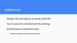 Inferences
Change in SD and Energy are not abrupt, unlike THD
Thus it's easy to fix a threshold with SD and Energy
SD and Energy can classify the events
Between Islanding and Power Quality Issues
 