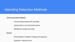 Islanding Detection Methods
Communication Based
Communication between DG and Utility
Heavily relies on communication system
Reliable but complex and costly
Active
Perturb System Variables ( Voltage and Frequency)
Small Non - Detection Zone
 